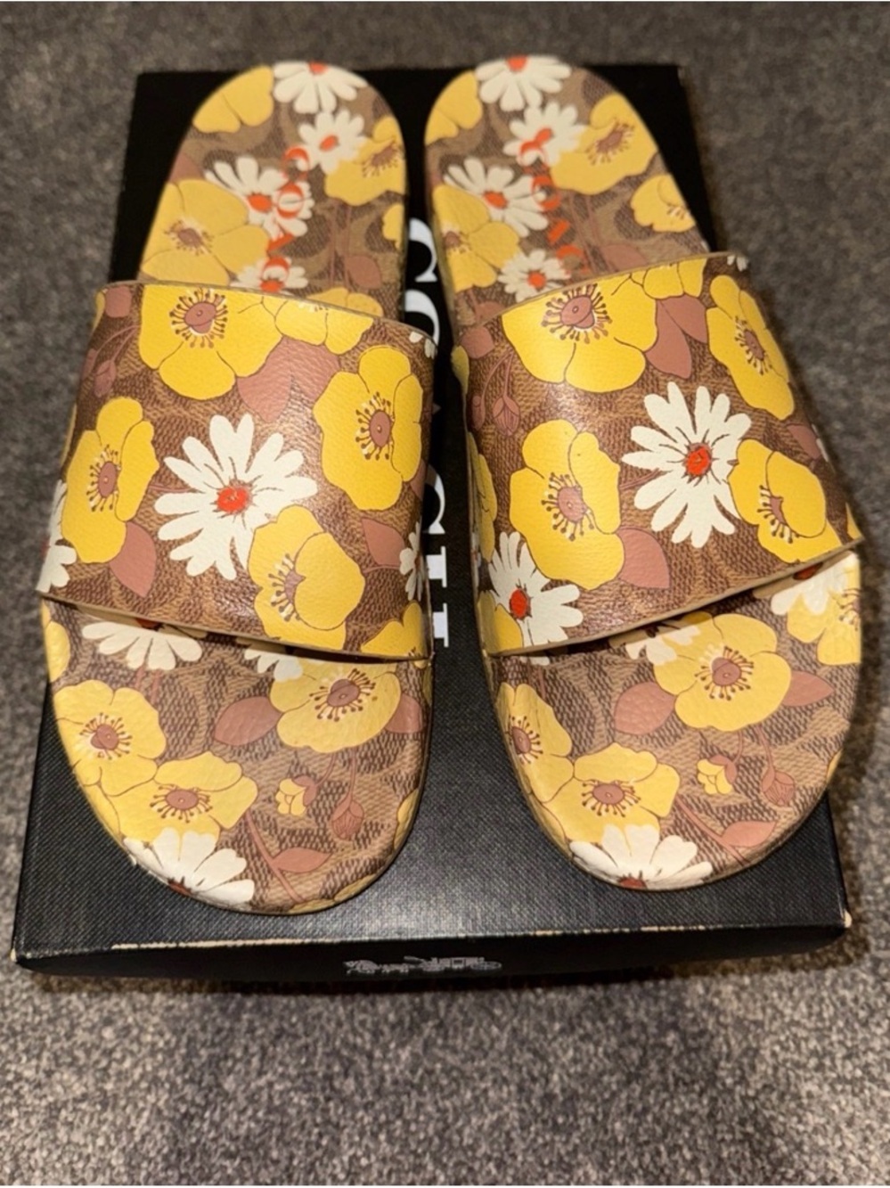 Coach Udele Floral Vanilla Slide Sandals in Brown, Yellow & White